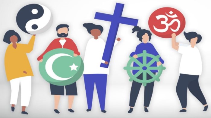 Cartoon images of a racially diverse group of people holding up various religious symbols such as a yin-yang sign, a star and crescent, a cross, a Dharmachakra, and the symbol for Om or Aum