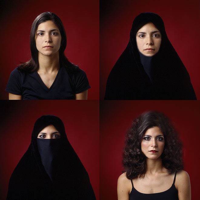 True Identity by Bousha Almoutawakel. A collage of four pictures showing a woman with and without Hijab