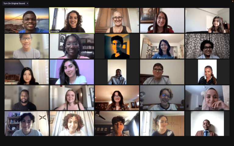 Screenshot of a Zoom video call featuring twenty youth participants and instructors