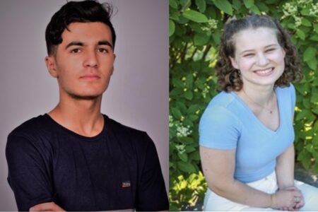 A side-by-side collage of two headshots. On the left, a young man with dark hair in a black t-shirt looks seriously toward the camera against a plain grey background. On the right, a young woman with curly brown hair smiles while seated in front of green leafy bushes. She is wearing a light blue shirt and white pants.