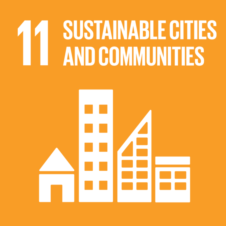 This image shows an orange-themed sign of Goal 11 from the United Nations Sustainable Development Goals, which is "sustainable cities and communities" and it aims to "Make cities inclusive, safe, resilient, and sustainable".