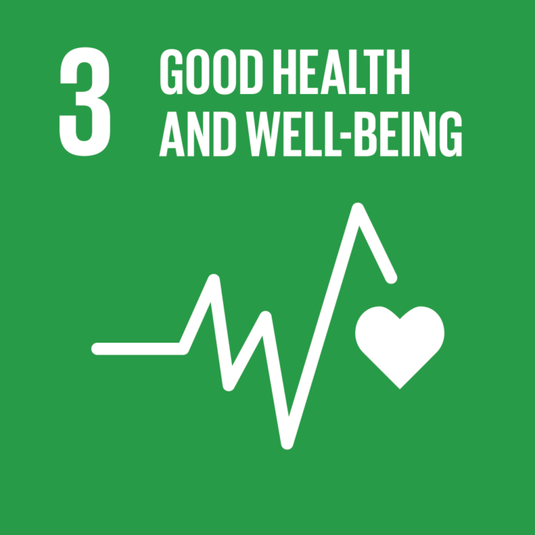 Graphic showing a line and heart with the words "Good Health and Well-Being"
