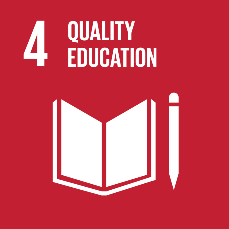 The 4th Goal of the United Nations Sustainable Development Goals: Quality education. The words Quality and Education are written with a symbol of a book and a pen under it, on a red background.