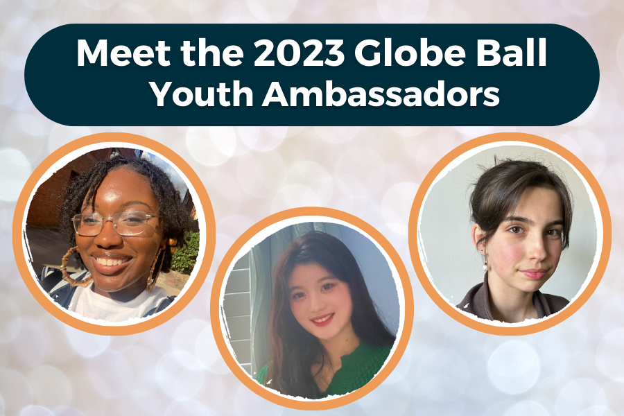 A graphic titled "Meet the 2023 Globe Ball Youth Ambassadors" featuring three circular portraits of young women of diverse backgrounds against a soft, light bokeh background.