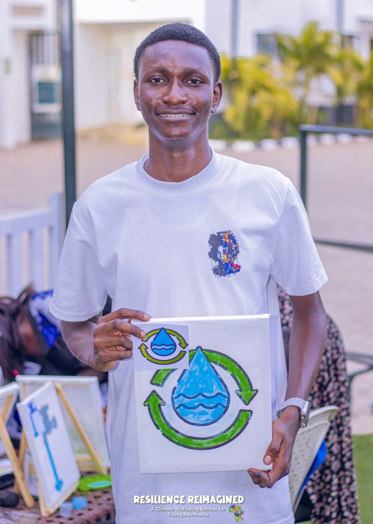 Young black man holding a canvas with a drop of water and recycle sign on it