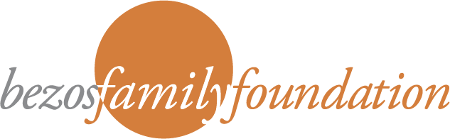 Full Bezos Family Foundation logo with "Bezos" being grey, "family" being white with hits of orange protruding outside of the orange-colored orb, and "foundation" in orange.
