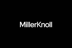 White Millerknoll logo in front of the black background