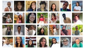 A grid of individual headshots featuring 28 diverse young people arranged in four rows of seven. The photos display various backgrounds, including indoor rooms, outdoor gardens, and city streets, with each person showcasing a unique style and expression.