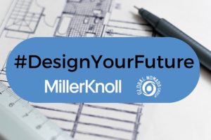 A promotional graphic featuring a large, blue rounded rectangle in the center. Inside the rectangle, the hashtag "#DesignYourFuture" is written in large black text. Below it, the MillerKnoll logo and the Global Nomads Group logo appear in white. The background is a high-angle shot of an architectural floor plan with a black pen and a ruler laying across it.